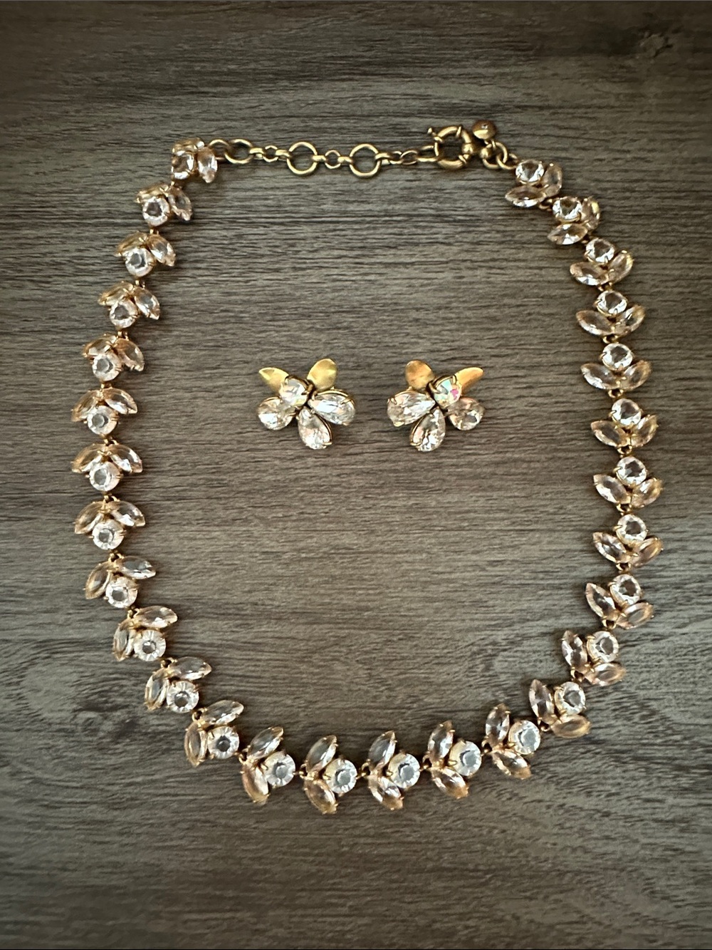 J. Crew Gold and Clear Crystal Floral Necklace and Earrings Set